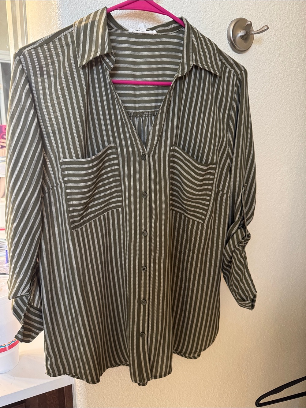 Maurices Olive Green & White Striped Button-Front Blouse